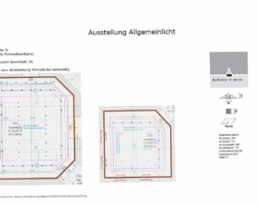 Grundriss und Schnitt zur Allgemeinbeleuchtung in einer Ausstellung mit Downlights und technischen Angaben zur Leuchte.